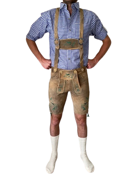 Lederhose lichtbruin groen mannen Nederland voorkant /  Lederhosen / Lederhose / Lederhosen kopen / Lederhose oktoberfest / Lederhosen outfit / Oktoberfest lederhosen