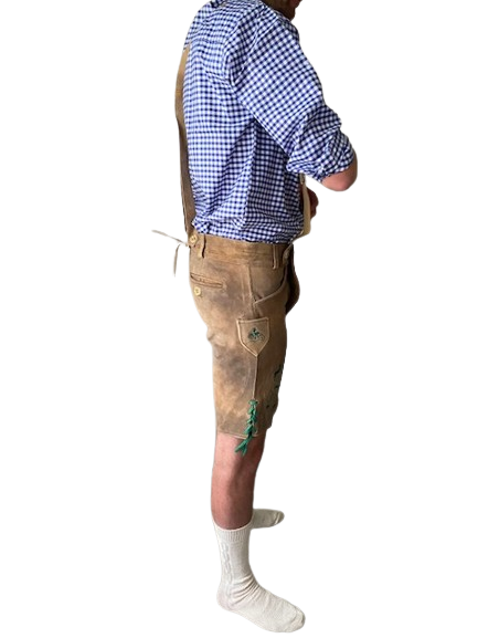 Lederhose lichtbruin groen mannen Nederland zijkant /  Lederhosen / Lederhose / Lederhosen kopen / Lederhose oktoberfest / Lederhosen outfit / Oktoberfest lederhosen