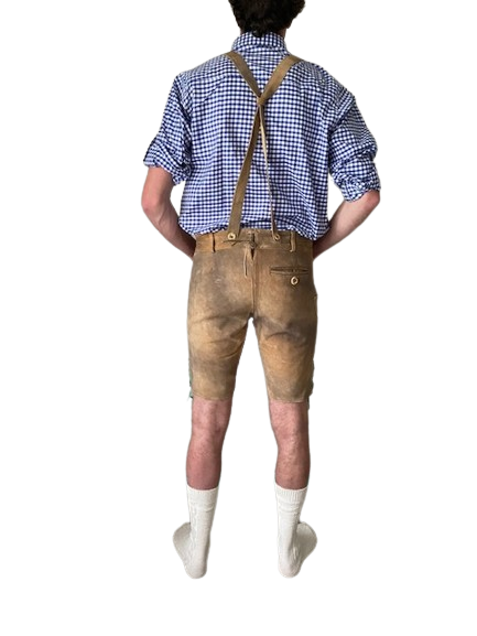 Lederhose lichtbruin groen mannen Nederland achterkant /  Lederhosen / Lederhose / Lederhosen kopen / Lederhose oktoberfest / Lederhosen outfit / Oktoberfest lederhosen