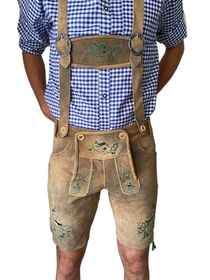 Lederhose lichtbruin groen mannen Nederland closeup / Lederhosen / Lederhose / Lederhosen kopen / Lederhose oktoberfest / Lederhosen outfit / Oktoberfest lederhosen